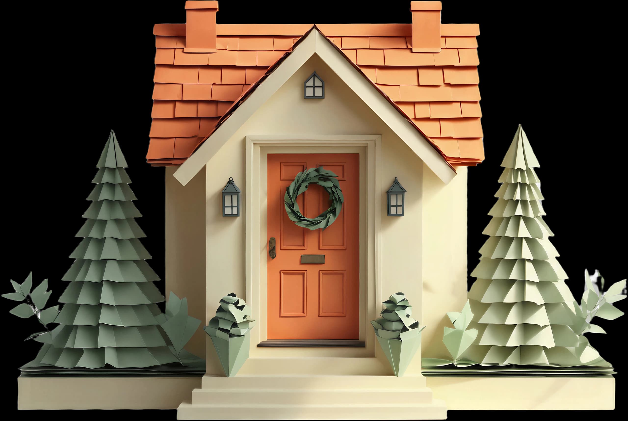 A paper-craft-style cottage entrance at dusk, warmly lit and welcoming a guest across the threshold.